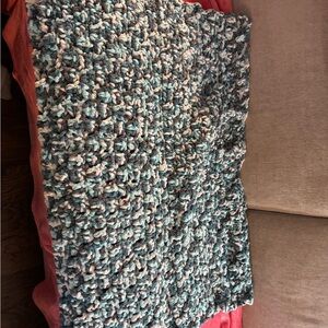 Chunky Crocheted Baby Blanket - Blue, Gray and Cream